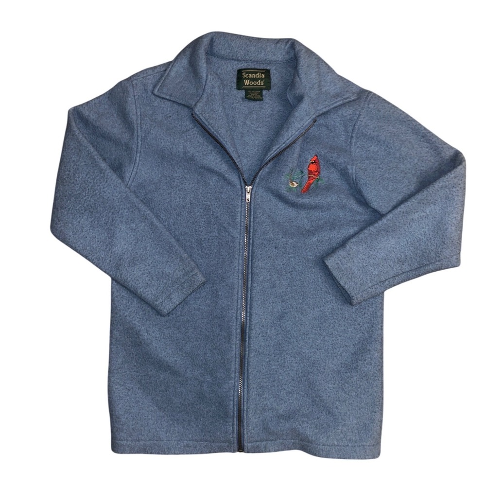 Scandia Woods Blue Fleece Zip Up Jacket Cardinal Bird Embroidery Small Mens S